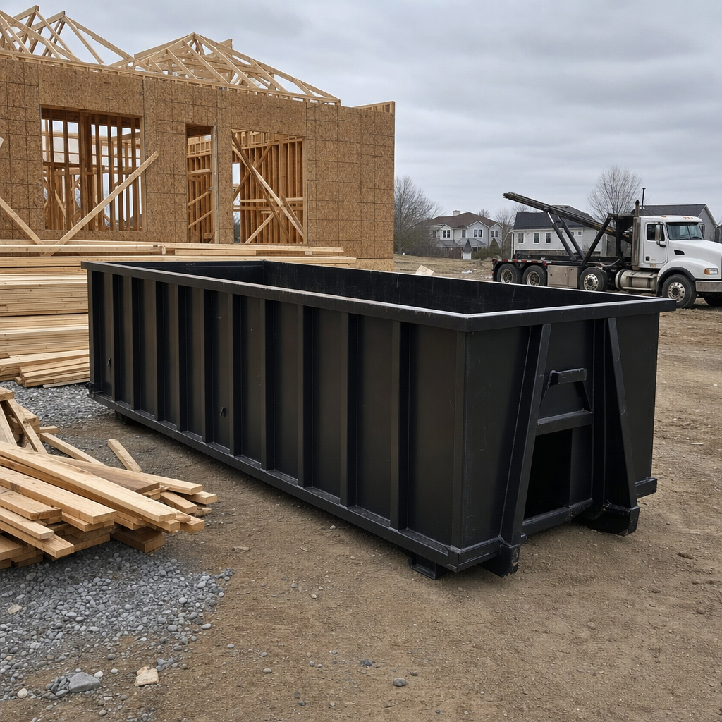 Matte-black 40-yard roll-off dumpster staged on a framed-out residential construction site in Iowa City, framing lumber stacked nearby, hooklift delivery truck visible in the background under bright Colorado daylight