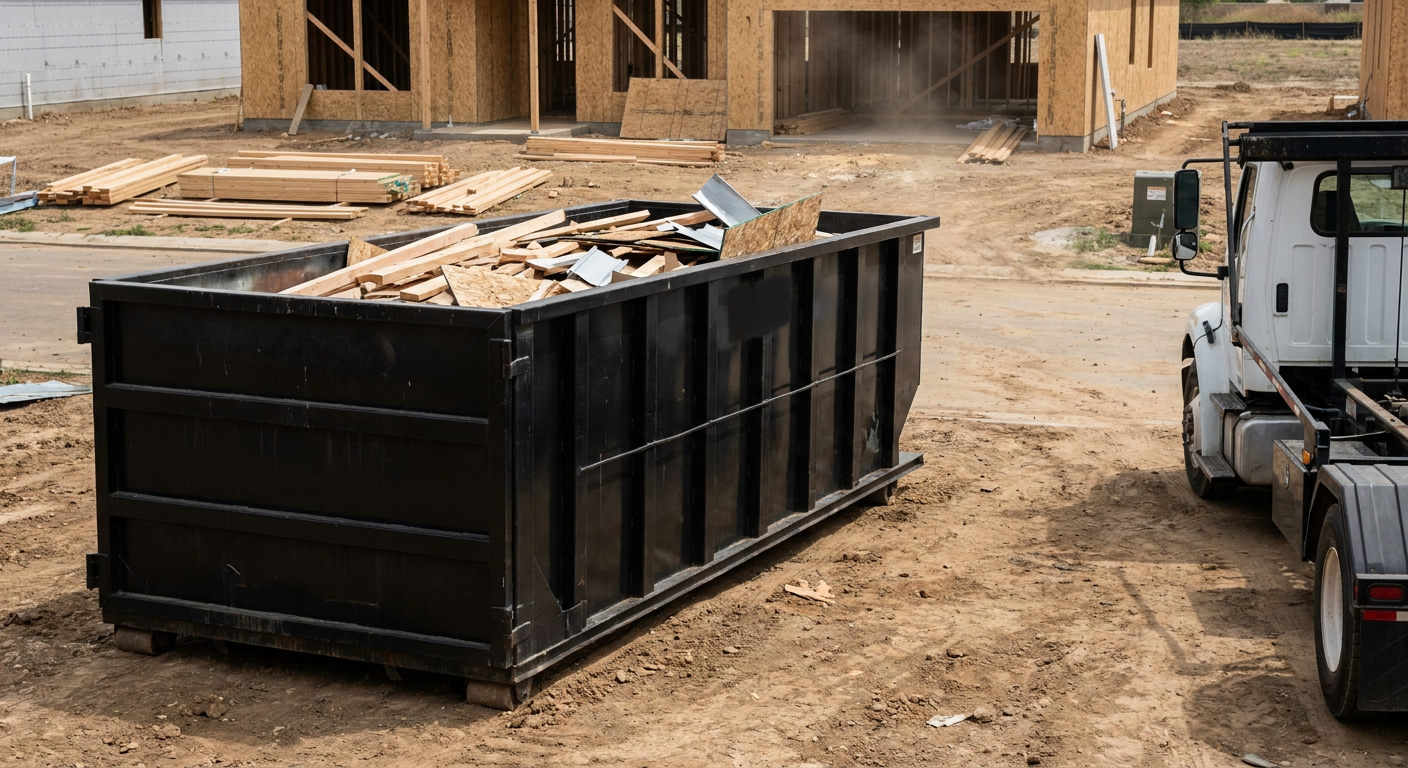Matte-black 20-yard roll-off construction dumpster with heavy ribbed steel sidewalls and swing rear doors at a working jobsite in Iowa City, sitting directly on compacted dirt with an unmarked white hauler partially visible at the far edge of the frame.