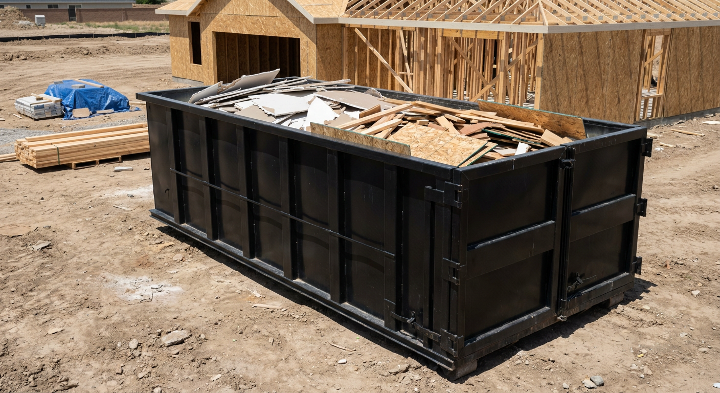 Matte-black 30-yard roll-off construction dumpster sitting directly on the compacted-dirt site of a framed single-family home build in Iowa City, drywall and lumber scrap loaded inside.