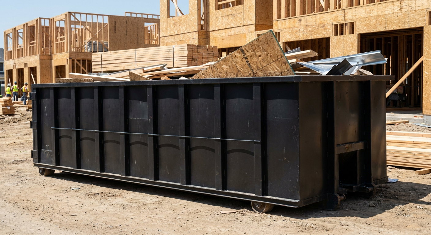 Matte-black 40-yard roll-off construction dumpster being lowered from a white-cab hooklift delivery truck onto the compacted-dirt jobsite at a commercial build site in Iowa City