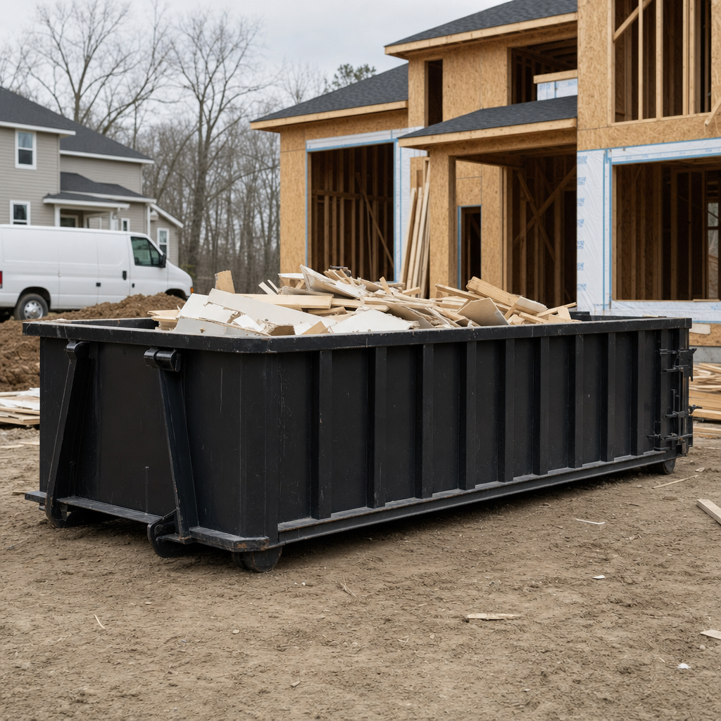 Worker in a yellow high-visibility vest tossing framing lumber and broken drywall into a matte-black 30-yard construction roll-off dumpster on an active build site in Iowa City, bright daylight