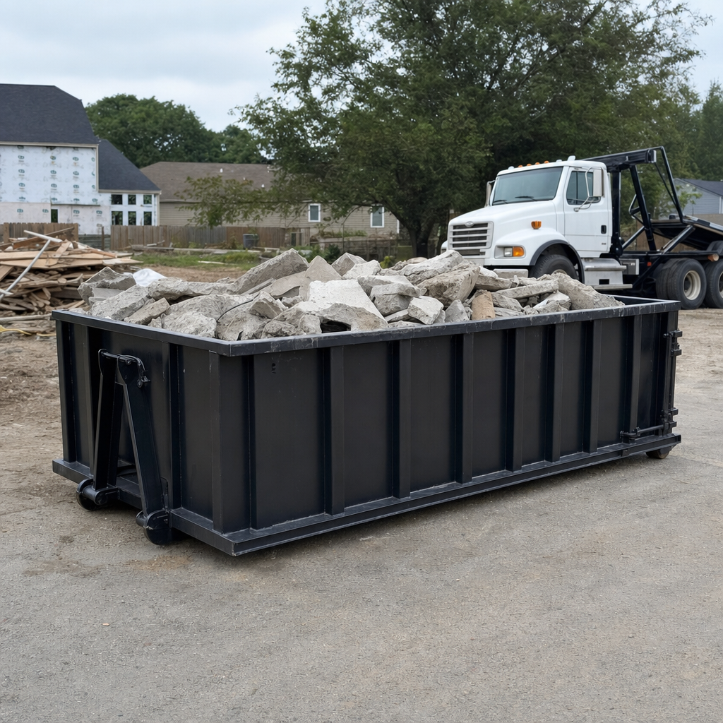 Low-profile matte-black lowboy roll-off dumpster loaded with broken concrete slab and rebar at a foundation tear-out in Iowa City, skid steer parked beside it, sunny Colorado morning
