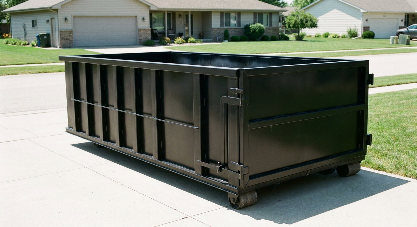 Matte-black 10-yard roll-off dumpster on a residential concrete driveway in Iowa City, uniformly painted matte black across every panel and rail, ribbed steel sidewalls and rear swing door visible, mid-day daylight.