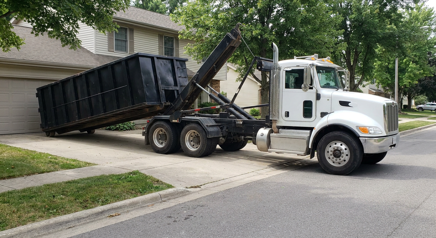 White-cab hooklift roll-off truck actively lowering a matte-black dumpster onto a Iowa City residential concrete driveway, the dumpster's rear wheels touching the driveway as the hoist arm tilts the bed forward, mid-morning daylight.