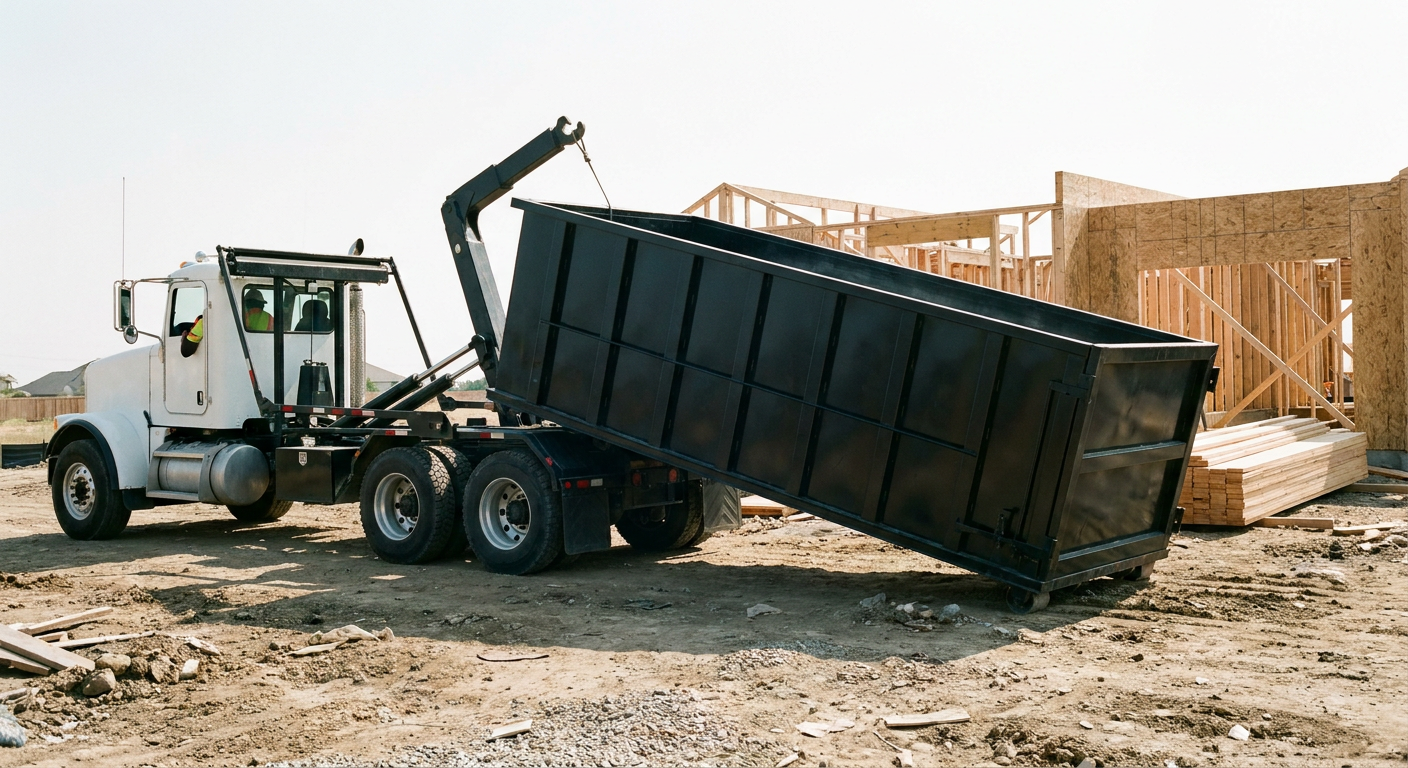 Matte-black roll-off dumpster being delivered onto a clean residential concrete driveway in Iowa City by an unmarked white hooklift hauler truck, bright morning daylight, documentary 35mm perspective.