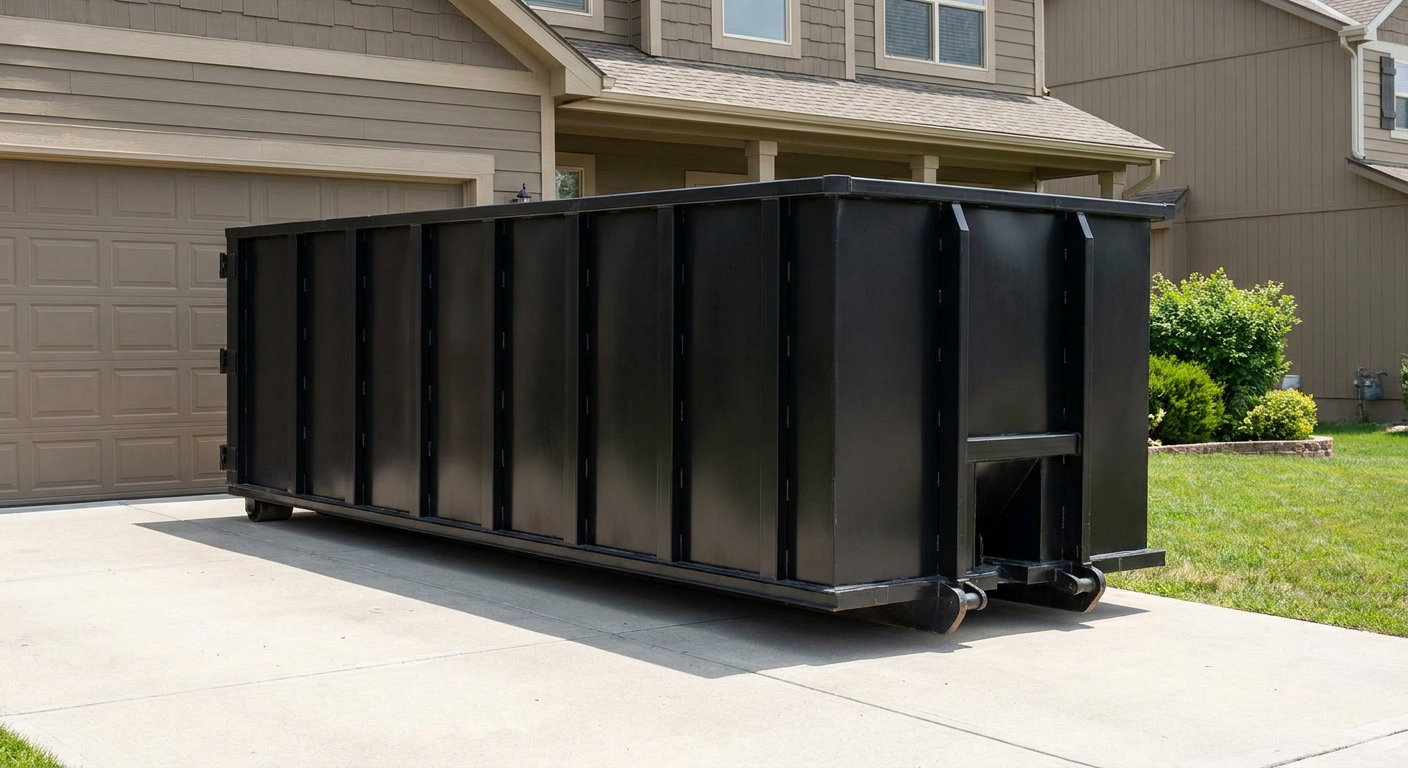 Matte-black residential roll-off dumpster sitting directly on a suburban Iowa City concrete driveway, garage door closed, single-family home in background, bright morning daylight.
