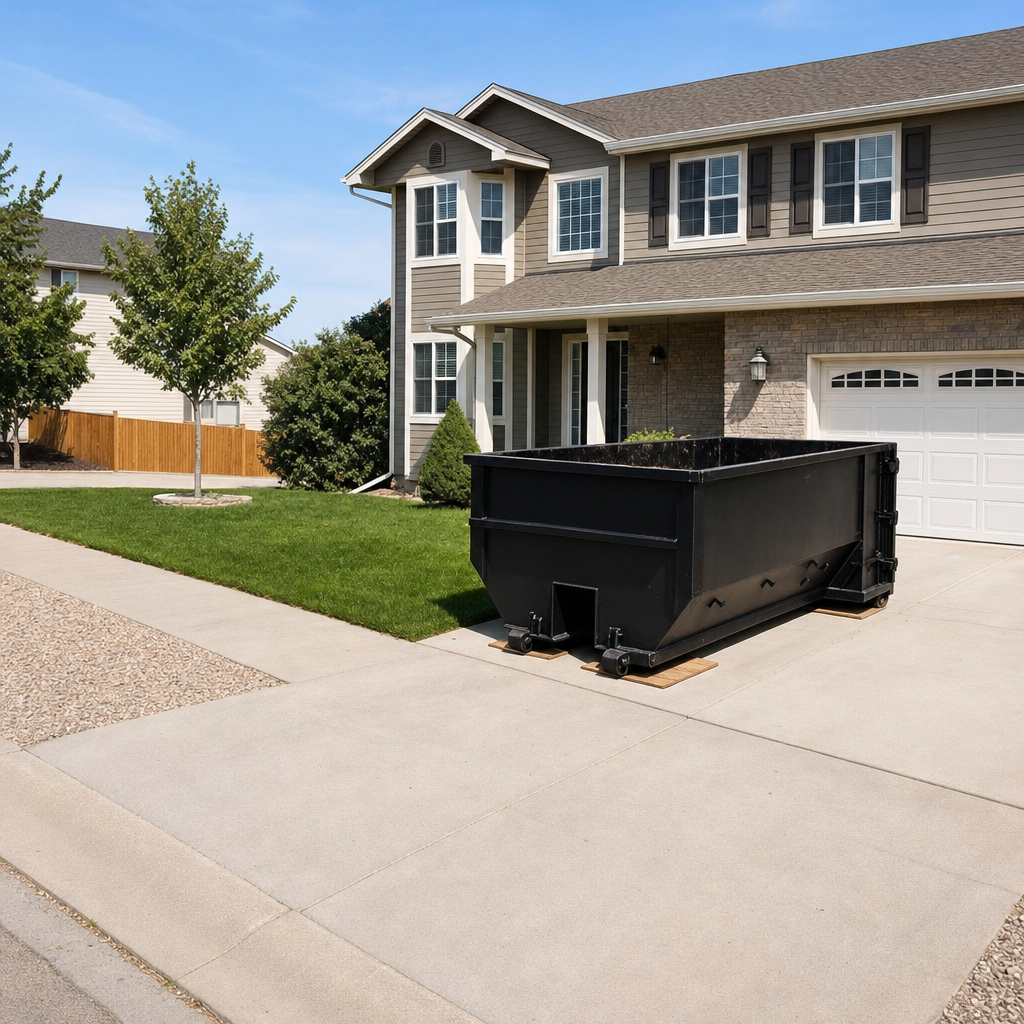 10-yard matte-black residential dumpster placed directly on a narrow Iowa City concrete driveway, room remains for a parked sedan beside it, mid-morning natural light