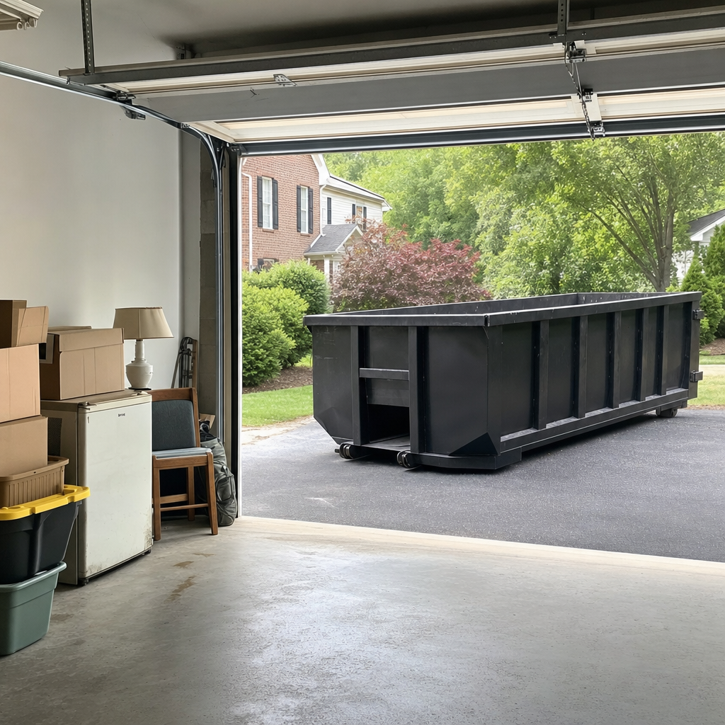 Open garage interior in a Iowa City home mid-cleanout — boxed items, an old appliance, and stacked yard tools queued near the driveway for a matte-black roll-off dumpster, organized and calm