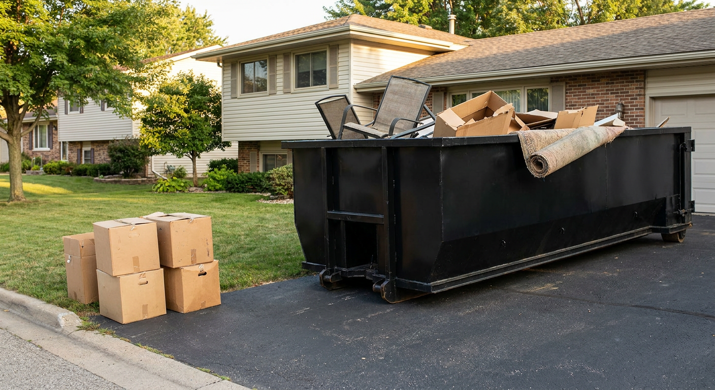 Front-yard view of a Iowa City split-level home with a 20-yard matte-black roll-off dumpster sitting directly on the asphalt driveway, a few clearly labeled donation boxes staged at the curb, calm sunny afternoon.