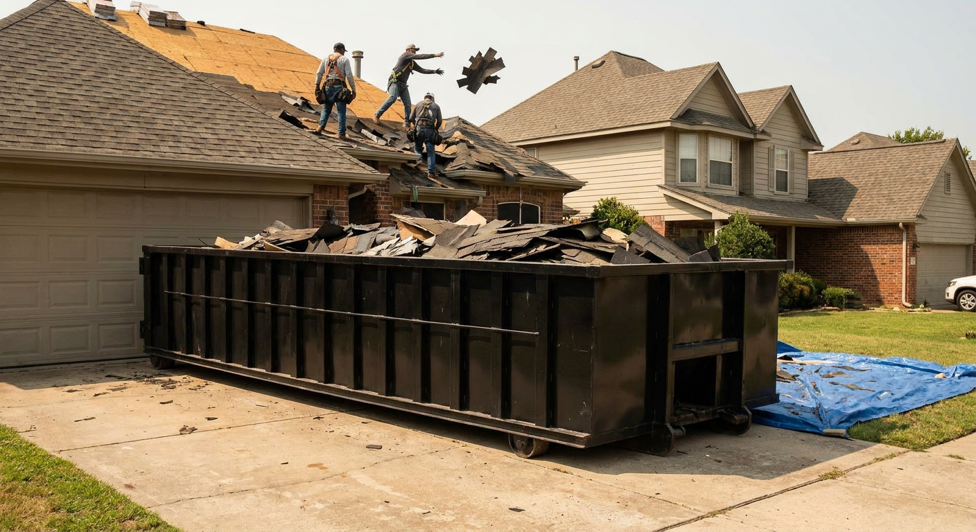 Matte-black roofing roll-off dumpster placed directly on a Iowa City residential concrete driveway, a tear-off crew on a two-story asphalt-shingle roof tossing shingle bundles into the low-walled container, bright daylight, documentary 35mm perspective.