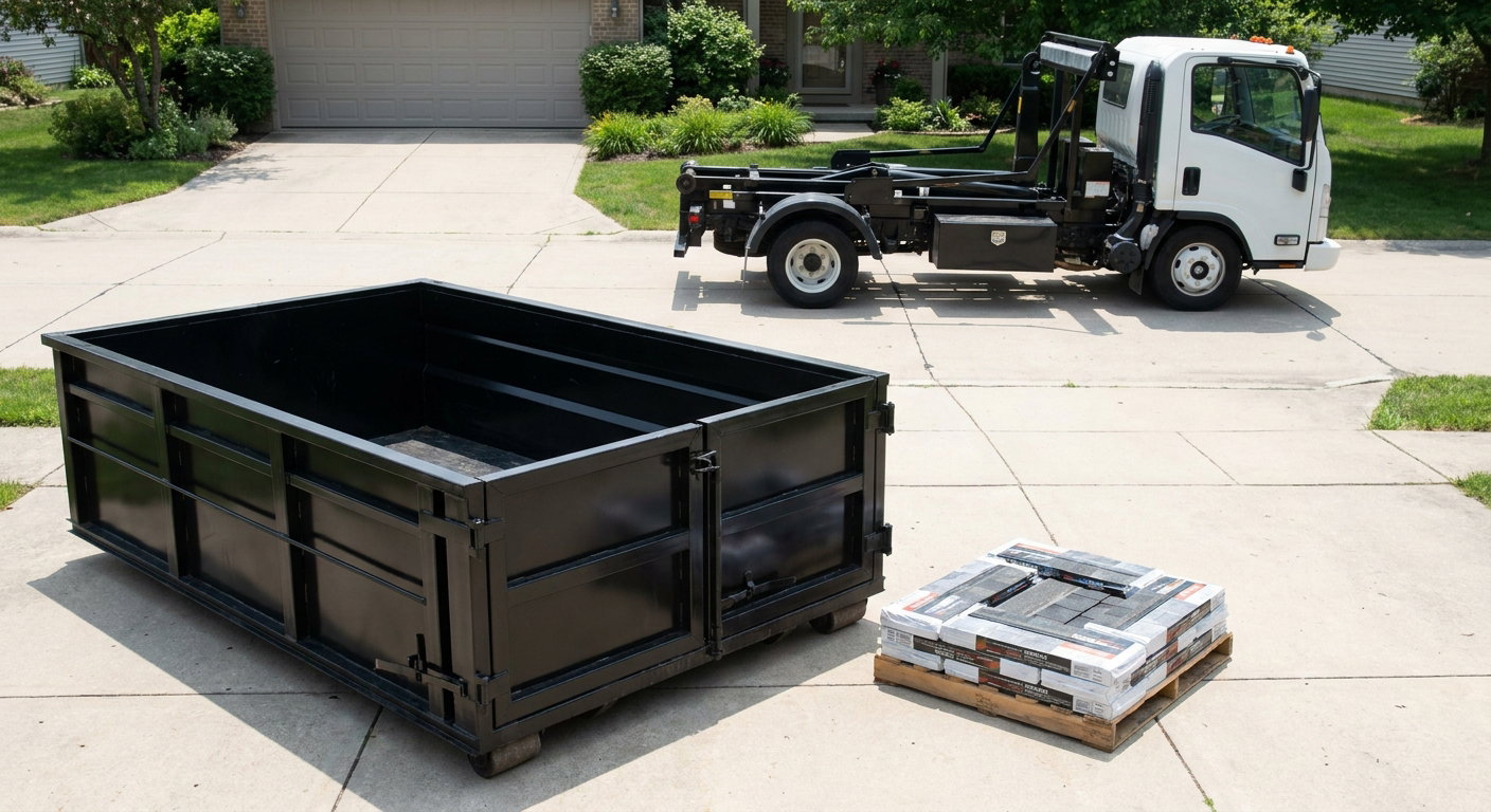 Matte-black 15-yard roofing roll-off dumpster with reinforced low side walls sitting directly on a Iowa City residential concrete driveway, three-tab asphalt shingle bundles stacked nearby, an unmarked white hauler truck partially visible at the edge of the frame.