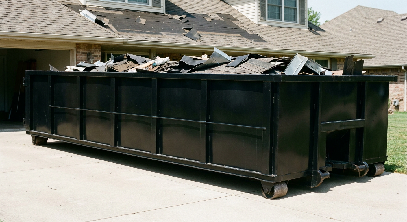 Matte-black 20-yard roofing roll-off dumpster with steel ribbed sides and swinging rear door, sitting directly on the concrete driveway of a two-story Iowa City home, asphalt shingle debris being loaded over the low wall, clean documentary lighting.