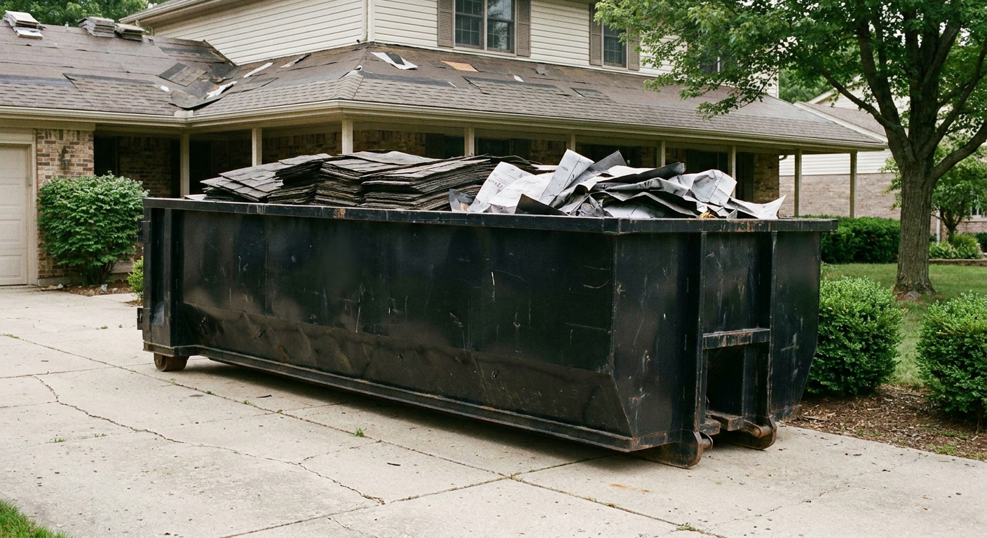 Matte-black 30-yard roofing roll-off dumpster sitting directly on a Iowa City concrete driveway, taller ribbed steel side panels, mixed tear-off debris of asphalt shingles and underlayment inside, professional documentary daylight.