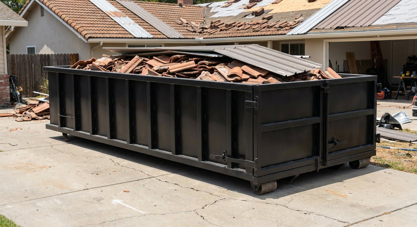 Matte-black low-wall heavy-debris roofing roll-off dumpster sitting directly on a Iowa City concrete driveway, broken concrete clay roof tiles and metal panel sections loaded inside, reinforced ribbed steel side walls visible, bright outdoor daylight.