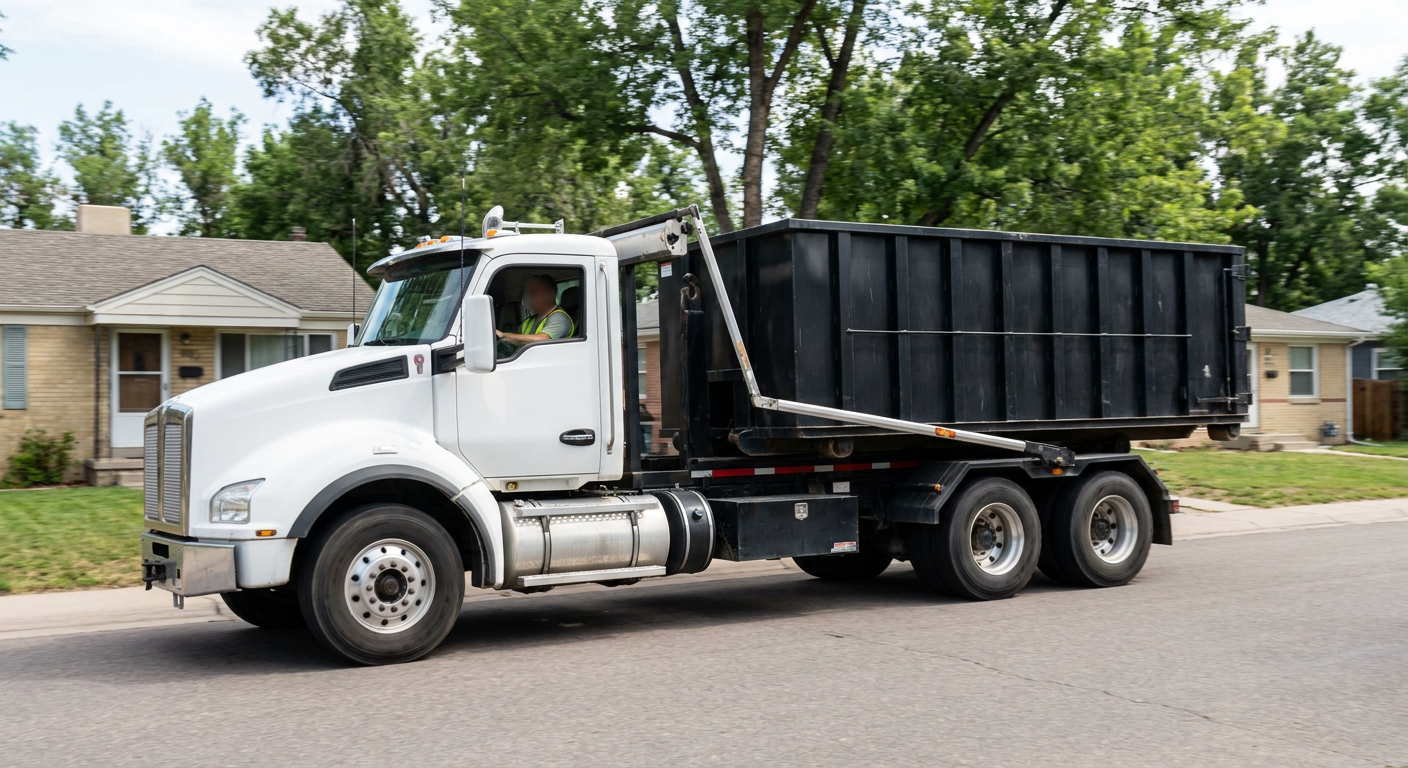 A wide documentary shot of a matte-black roll-off delivery truck pulling onto a quiet Iowa City residential street at mid-morning, with neighborhood rooftops and tree-lined blocks visible behind, showing the metro coverage footprint.
