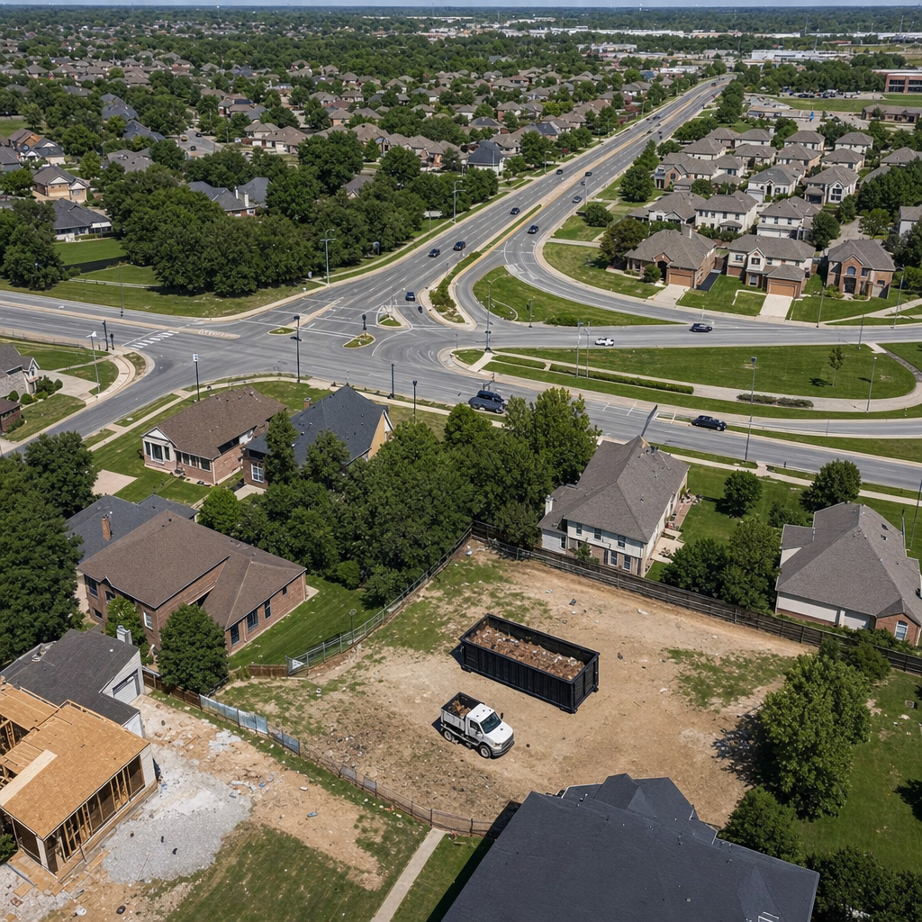 An overhead documentary view of the Iowa City metro area at midday, showing the spread of neighborhoods, arterial roads, and the dispatch radius from a central yard — clean daylight, organized geographic layout.