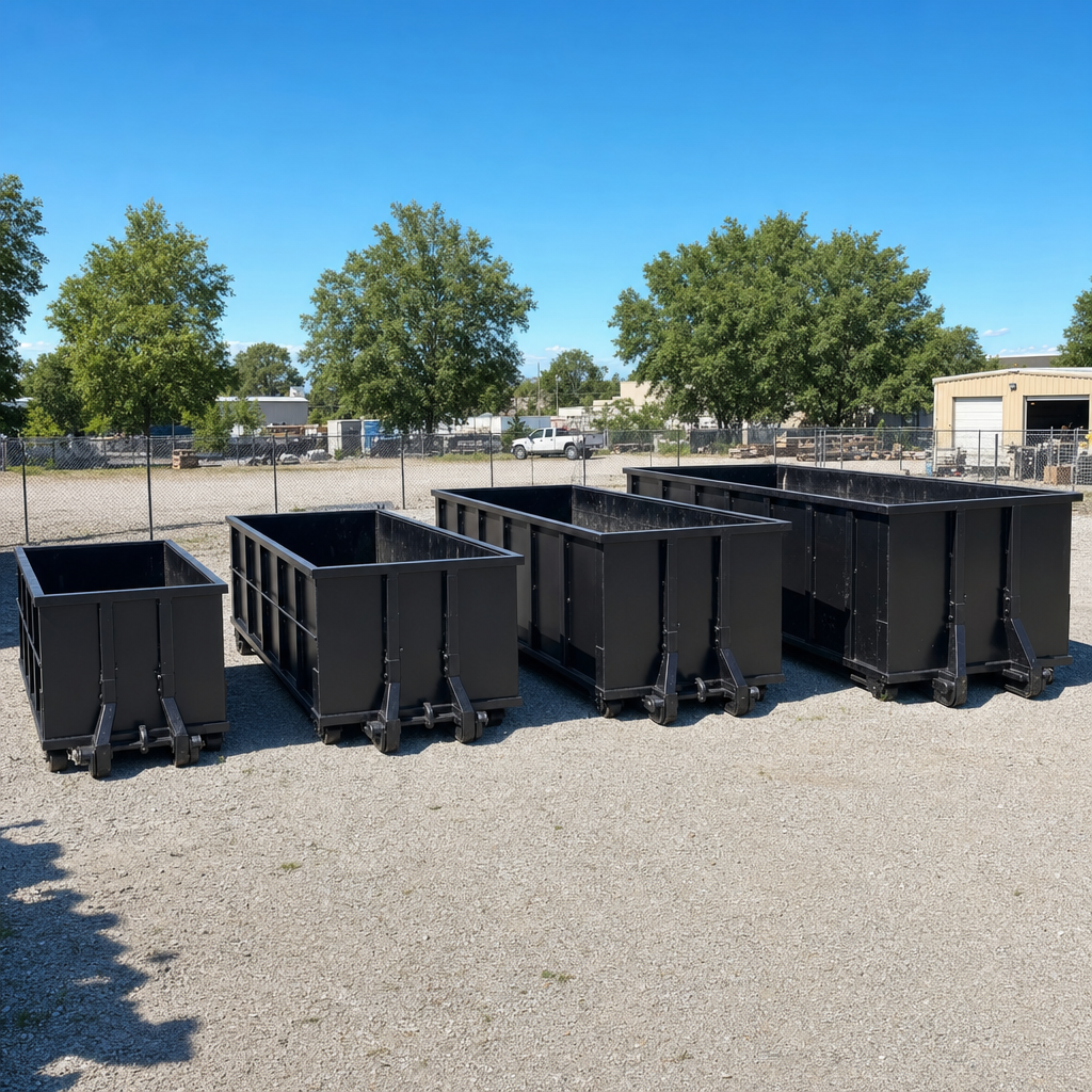 A clean lineup of matte-black roll-off dumpsters in 10, 20, 30, and 40-yard sizes staged on a sunlit gravel yard in Iowa City, showing the size progression from compact to commercial-scale containers.