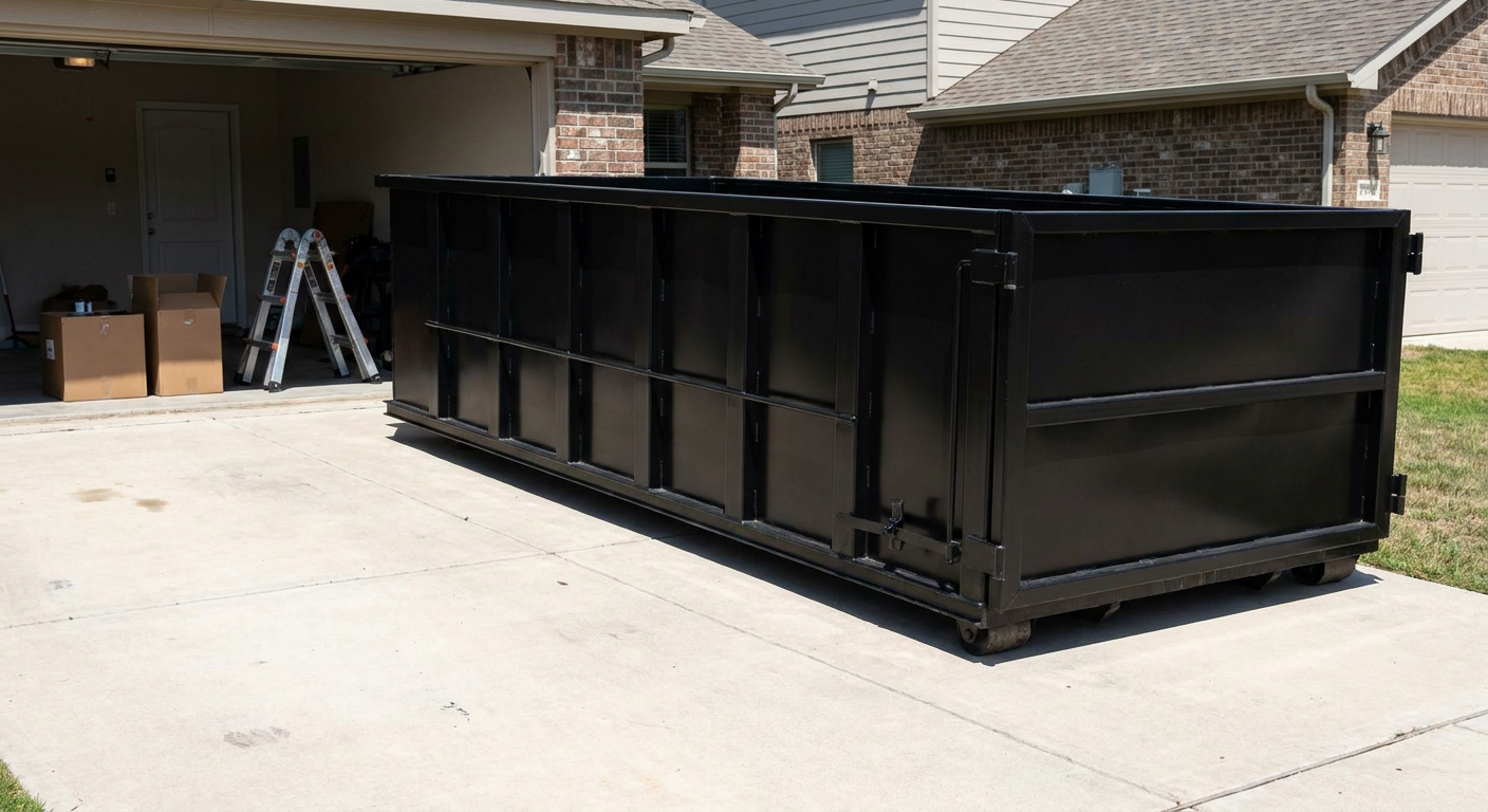 A matte-black 10-yard roll-off dumpster sitting directly on a residential Iowa City concrete driveway, mid-day sunlight, clean and ready for a garage cleanout.