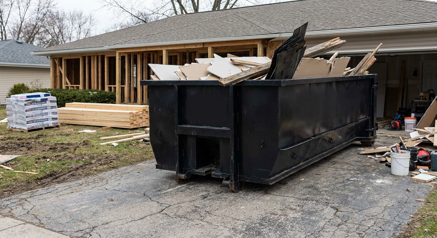 A matte-black 20-yard roll-off dumpster placed alongside a mid-renovation Iowa City home directly on the asphalt driveway, with framing materials and torn-off shingles staged neatly nearby.