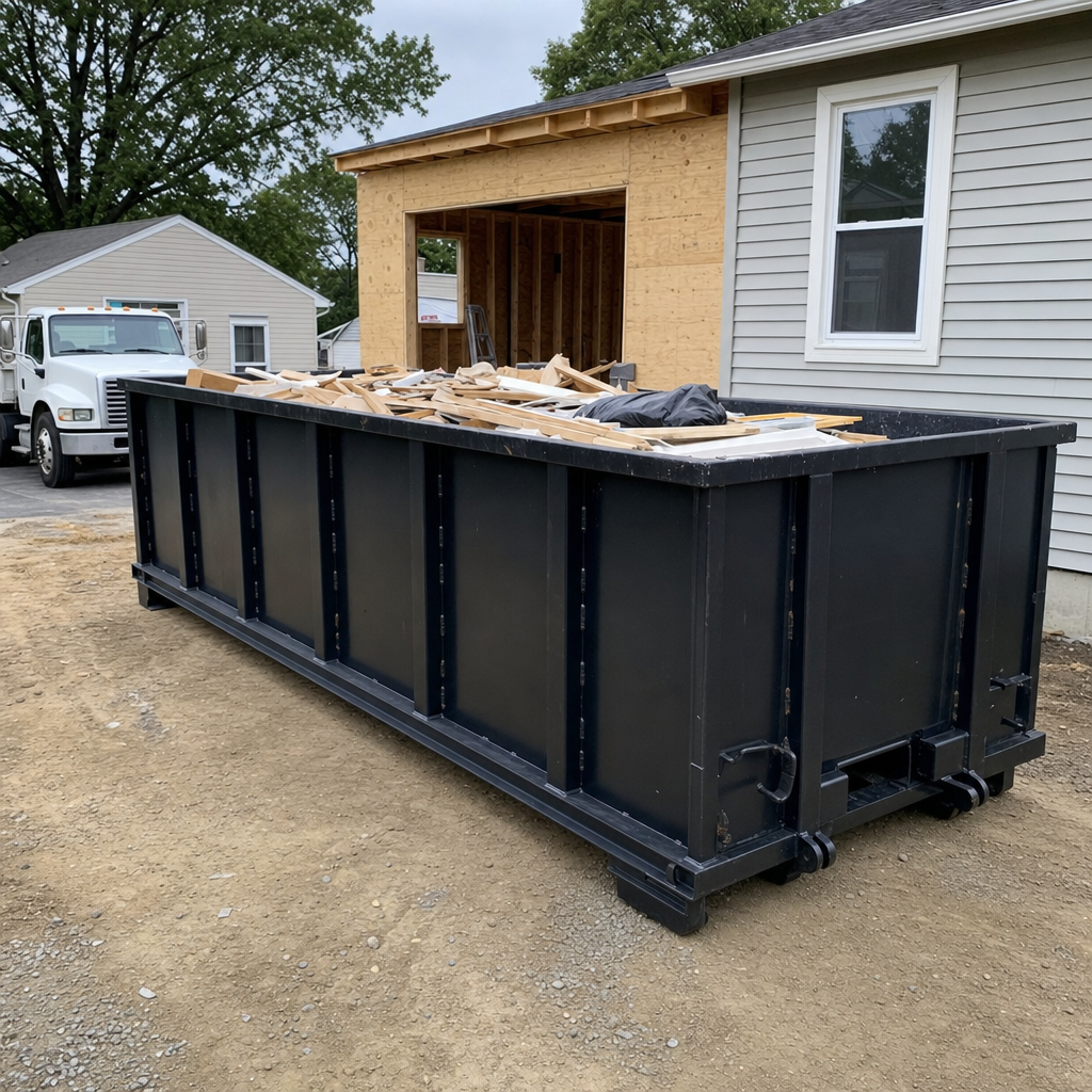 A matte-black 30-yard roll-off dumpster positioned at a Iowa City residential addition jobsite, with framing lumber and drywall scraps loaded through the open swinging rear doors.