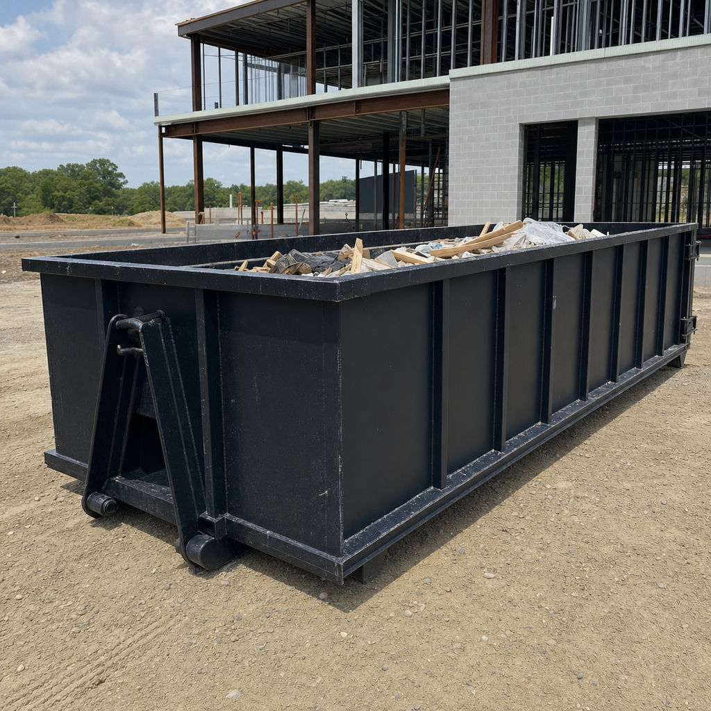 A matte-black 40-yard roll-off dumpster staged on a large Iowa City commercial construction lot, with a hooklift delivery truck parked alongside under bright midday sky.