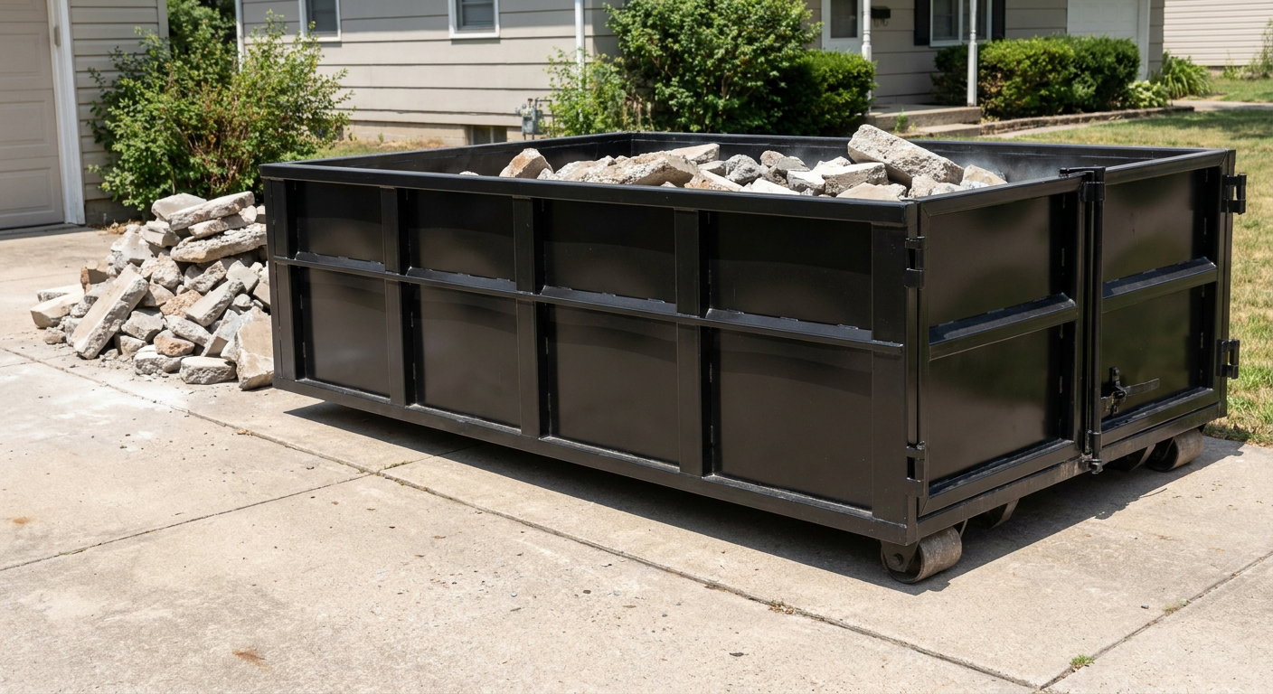 A matte-black low-side heavy-debris roll-off dumpster placed directly on a Iowa City concrete driveway, with broken concrete chunks neatly stacked beside it under clean daylight.